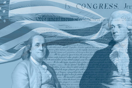 Quiz om USA's uafhængighed den 4. juli 1776. På billedet ses det amerikanske flag, Stars and Stripes, Uafhængighedserklæringen, Benjamin Franklin og Thomas Jefferson.