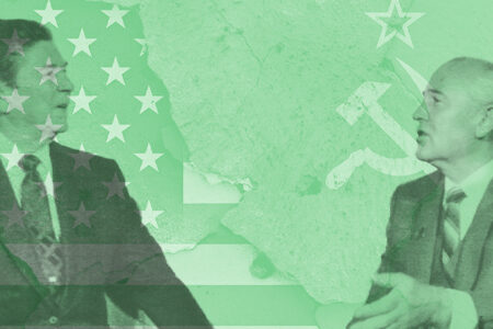 Grafik med USA's præsident Ronald Reagan og Sovjetunionens leder Mikhail Gorbatjov