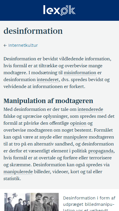 Screenshot af artiklen om desiformation på lex.dk.